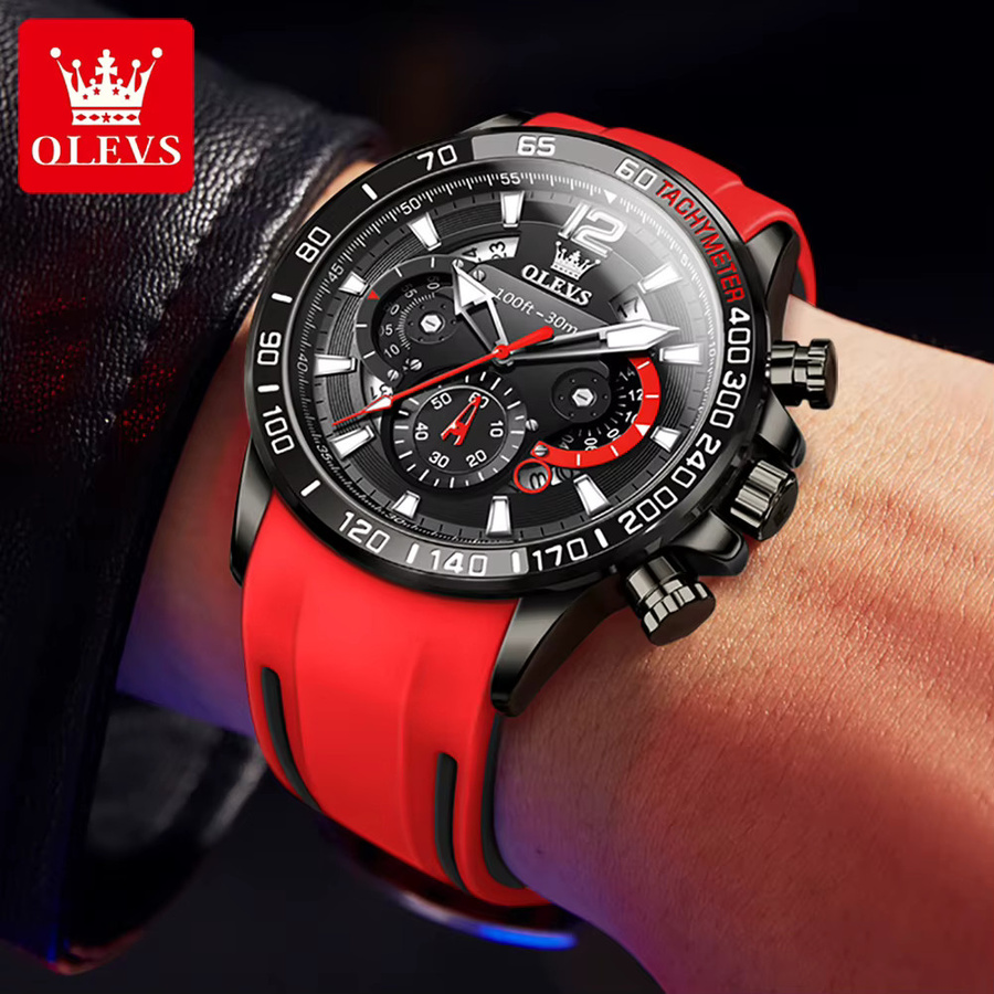 OLEVS Chronograph Armbanduhr, Quarz, Edelstahl, Silikon, Schwarz, Herren - Bild 4