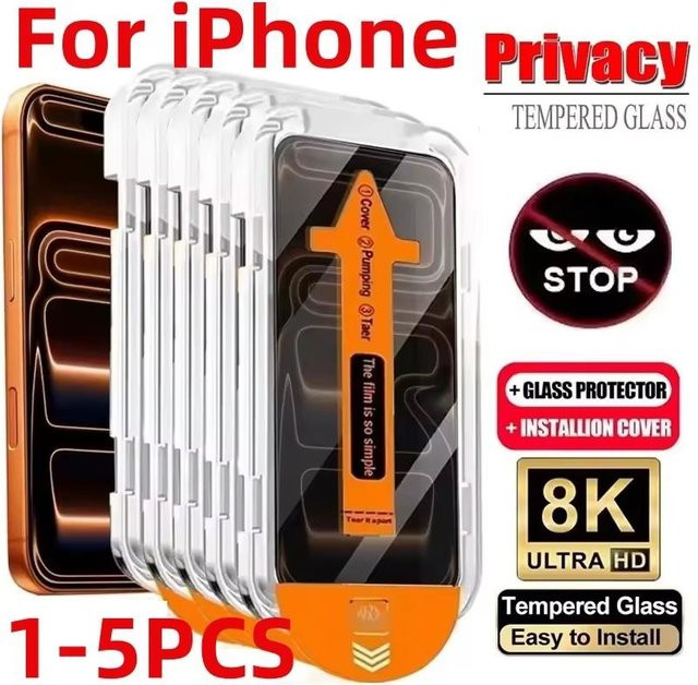Sichtschutz-Panzerglas für Apple iPhone 17 Pro Max, 16, 15 Pro Max, 17 Pro, 14, 13, 12 Mini, transparent, kratzfest und blasenfrei - Bild 1