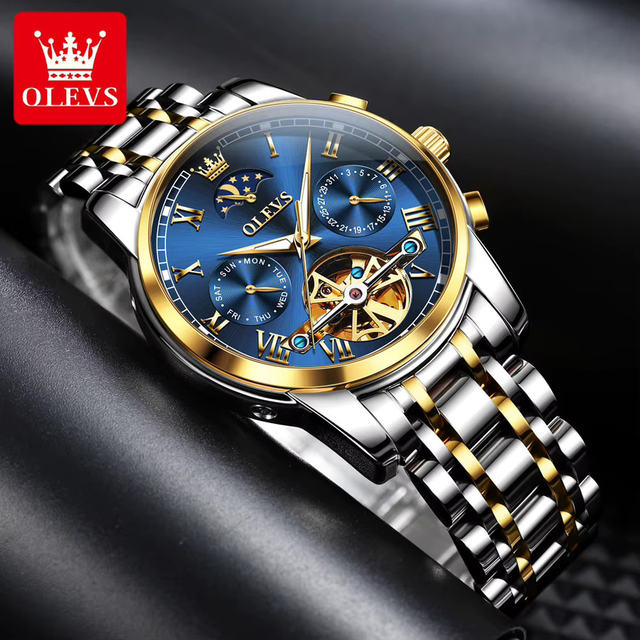 OLEVS Armbanduhr Automatik, Edelstahl, Blau, Herren, Mondphase, Datum - Bild 3