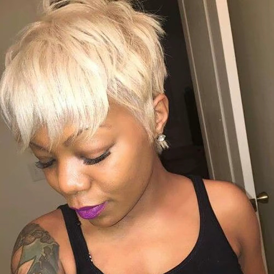 OYM HAIR Perücke, blonde Pixie-Schnitt-Perücke mit Pony, Echthaar, Damen - Bild 3