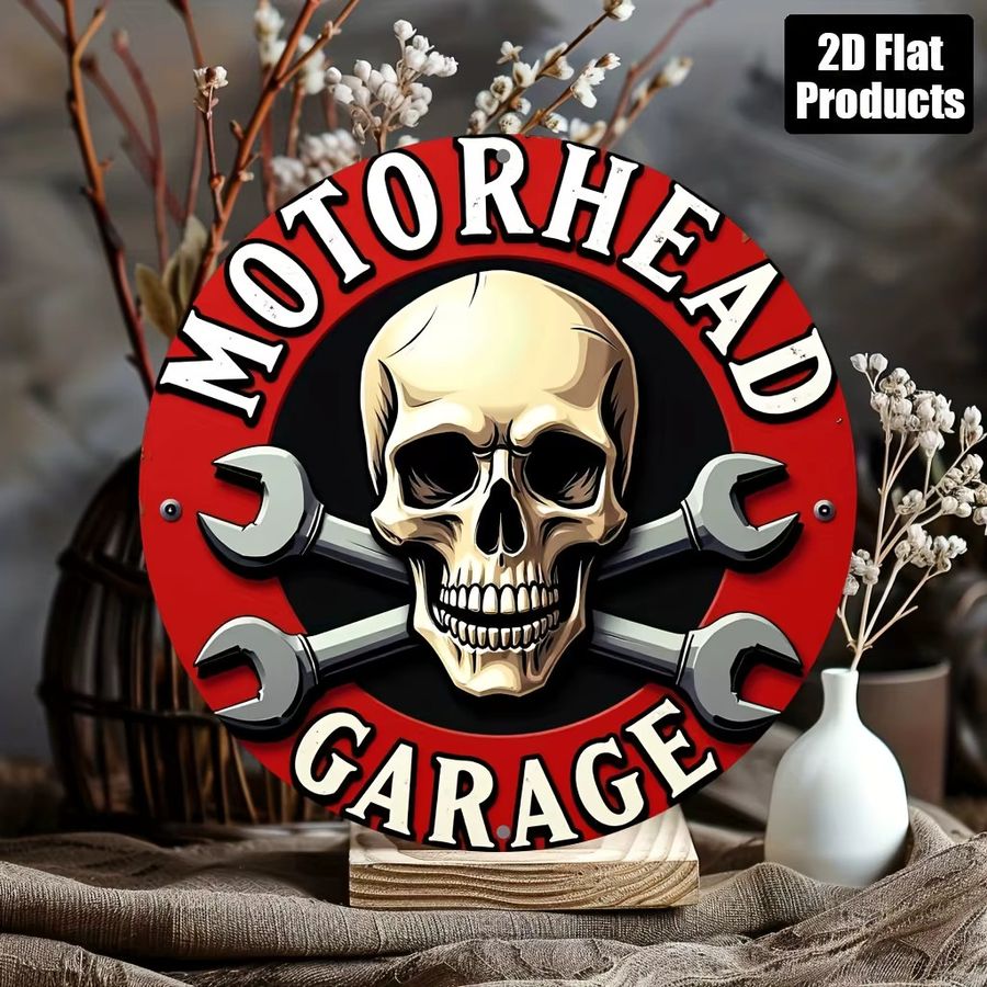 Rundes Wandschild Potdemiel im Vintage-Stil mit Motorrad-Schädel-Motiv aus Aluminium und Metall - Bild 5