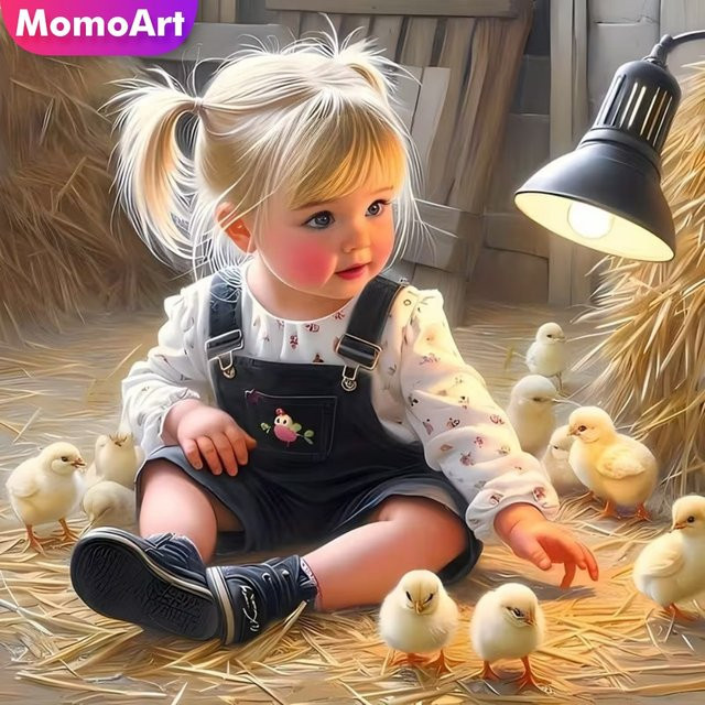 Momoart 5D DIY Diamantmalerei Mädchenporträt mit Küken als Cartoon Wandkunst, Mehrfarbig - Bild 1