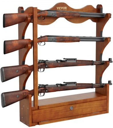 VEVOR Waffenregal aus Kiefernholz für 4 Gewehre und Schrotflinten, Wandmontage mit Rückwand, Farbe: Braun/Rot, Tragkraft: 60 kg - Bild 1