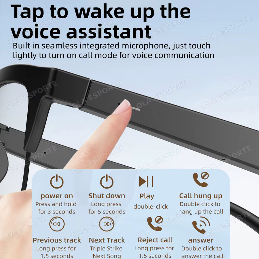 Ola Esporte Smart AI-Brille in Schwarz mit Sprachassistent, Bluetooth-Anruffunktion und Musikwiedergabe, quadratische Sonnenbrille mit lichtempfindlichen Gläsern - Bild 3
