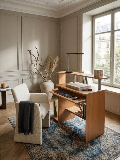 Platzsparender Computertisch von KADIMA DESIGN mit Tastaturauszug und Druckerablage in Buche, B/T/H: 94 x 48,5 x 90,5 cm - Bild 1