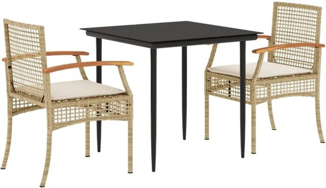 vidaXL 3-teilige Garten-Essgruppe aus Poly Rattan und Akazienholz in Beige mit Glasplatte und Kissen - Bild 1