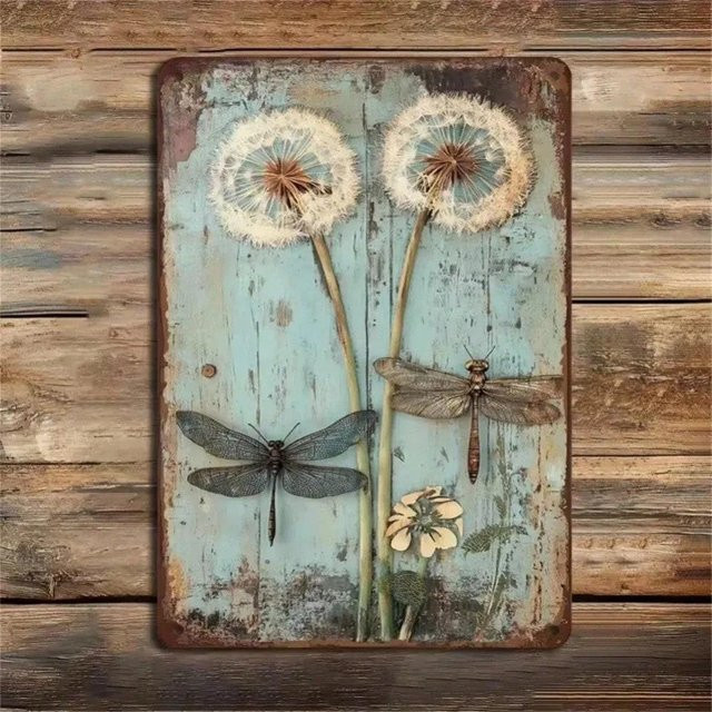 Rustikales Metallschild CIFkauf mit Libelle und Pusteblume in bunt, Wandkunst im amerikanischen Stil, Breite: 30 cm, Höhe: 20 cm - Bild 1