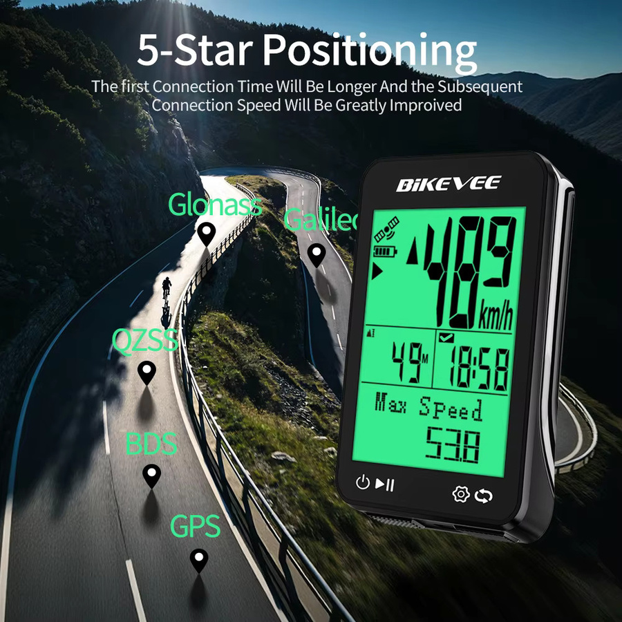 Bikevee Drahtloser GPS-Fahrradcomputer in Schwarz mit wasserdichter Messung, Tachometer und Tracker inklusive Ständer für Mountainbike und Rennrad - Bild 3