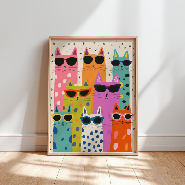 Moderner Paper Poster Wandkunstdruck mit Katzen und Sternen in Mehrfarbig - Bild 1