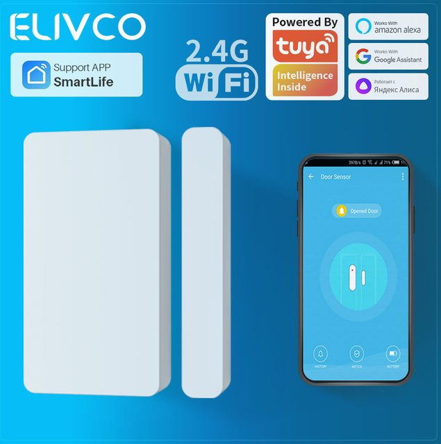 Elivco Tuya Smart WiFi Türsensor in Weiß zur Offen/Geschlossen Erkennung von Türen und Fenstern mit App-Benachrichtigung und Alarm, kompatibel mit Alexa und Google Home - Bild 1