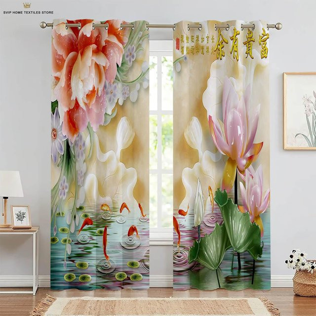 2er-Set Yiran Furniture Vorhänge mit 3D Schmetterling und floralem Druck, halbtransparent, Mehrfarbig, Breite: 50 cm, Höhe: 130 cm - Bild 1