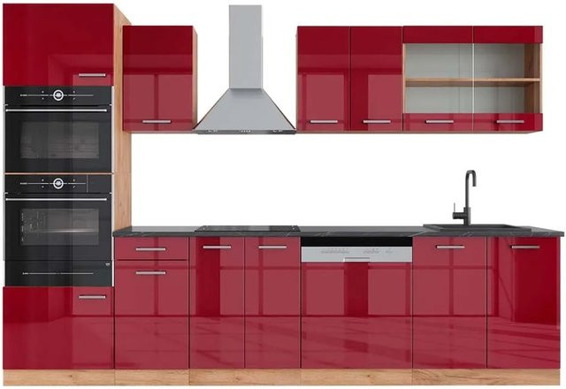 Vicco R-Line Küchenzeile Bordeaux Hochglanz und Goldkraft Eiche mit Hochschrank Anthrazit, Breite: 300 cm, Höhe: 207 cm, Tiefe: 60 cm - Bild 1