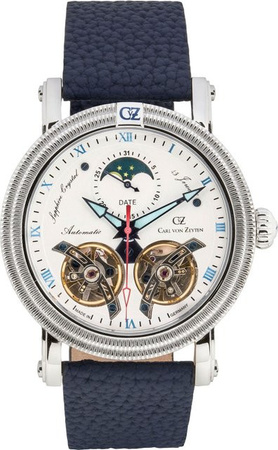 Carl von Zeyten Herrenuhr Automatik, Edelstahl, Leder, 46 mm, Weiß
