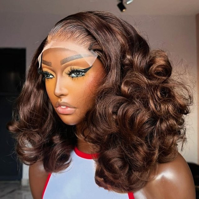 Happy Monday Bob-Perücke Echthaar, Schokoladenbraun, Body Wave, 13x4 HD Lace-Front - Bild 1