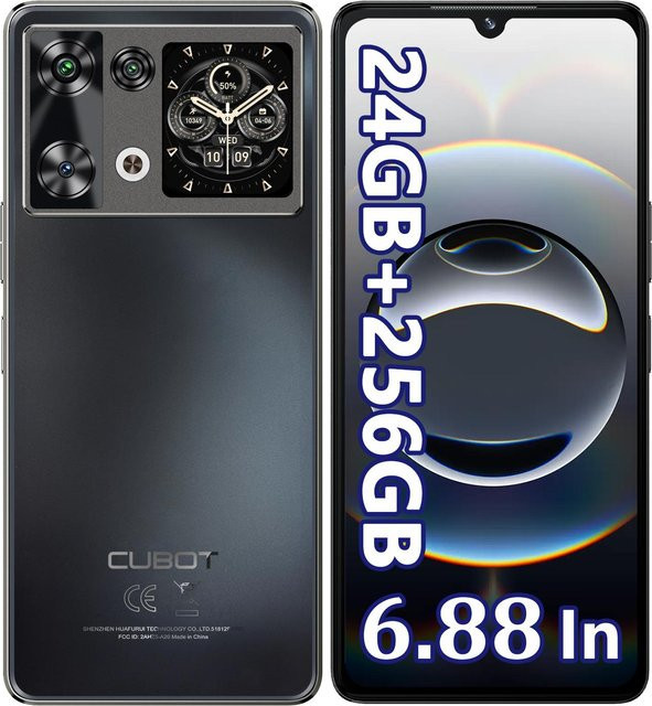 Cubot P90 Smartphone mit Android 15, 24 GB RAM, 256 GB ROM, 6,88 Zoll HD+ 120Hz Display, hinterem Touchscreen, 64 MP + 16 MP Kamera, 5100 mAh Akku, NFC, Gesichtserkennung und Fingerabdrucksensor, schwarz - Bild 1