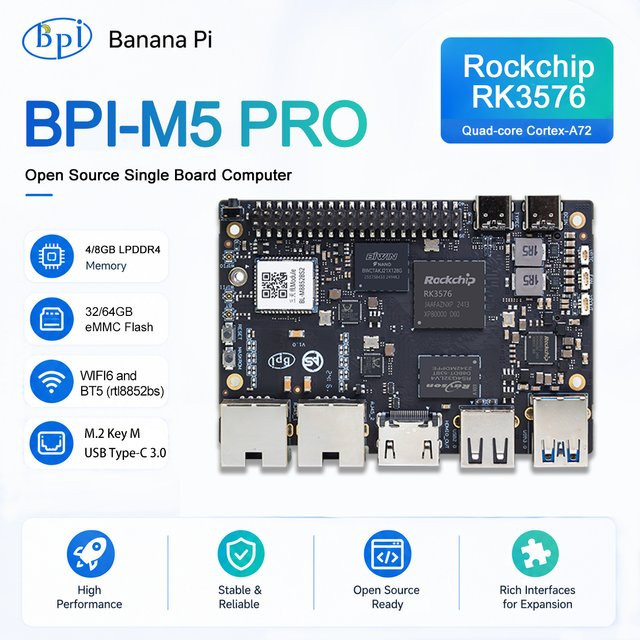 Banana Pi BPI-M5 Pro Entwicklungsboard mit Rockchip RK3576, 4GB LPDDR4, 64GB eMMC, ARM Mali G52 MC3 GPU und 6 TOPs in Schwarz - Bild 1