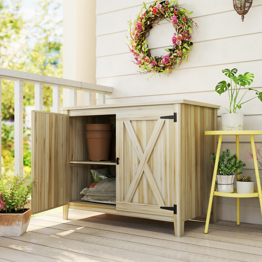 Outsunny Holz-Gartenschrank mit Regalen und Doppeltüren in Naturholzoptik, B/T/H: 110 x 60 x 88,5 cm - Bild 2