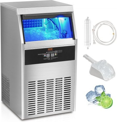 VEVOR Gewerblicher Eiswürfelbereiter aus Edelstahl in Silber mit LED-Digitalanzeige, 45 kg pro 24 Stunden, 50 Eiswürfel in 12-15 Minuten, Freistehendes Modell mit 15 kg Speicherkapazität - Bild 1