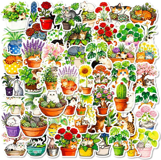 56 oder 112 Stück Cartoon Katzen und Pflanzen Doodle Aufkleber in Multicolour für Notebook, Telefon, Helm und Kühlschrank - Bild 1