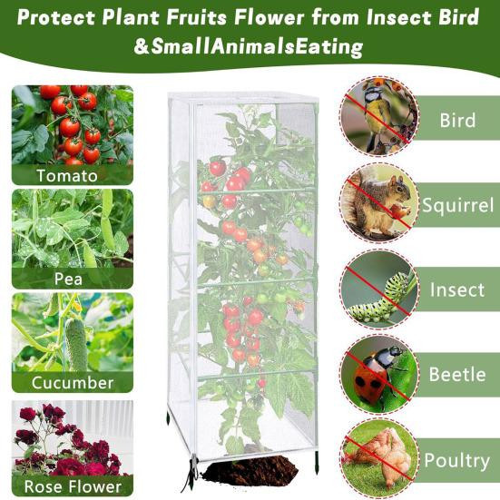 HOW-E Insektennetz Pflanzenschutz für quadratische Tomatenkäfige mit Reißverschluss und Kordelzug, Vogelschutznetz für den Garten, Größe S - Bild 3