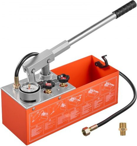 VEVOR Hydrostatische Prüfpumpe mit 7,57 l Tank, Manuelle Hydraulik-Druckprüfpumpe für Rohrleitungen und Heizungen, Dual-Ventil-Set mit Manometer in Orange und Messing-Komponenten, Druckbereich 0-60 Bar - Bild 1