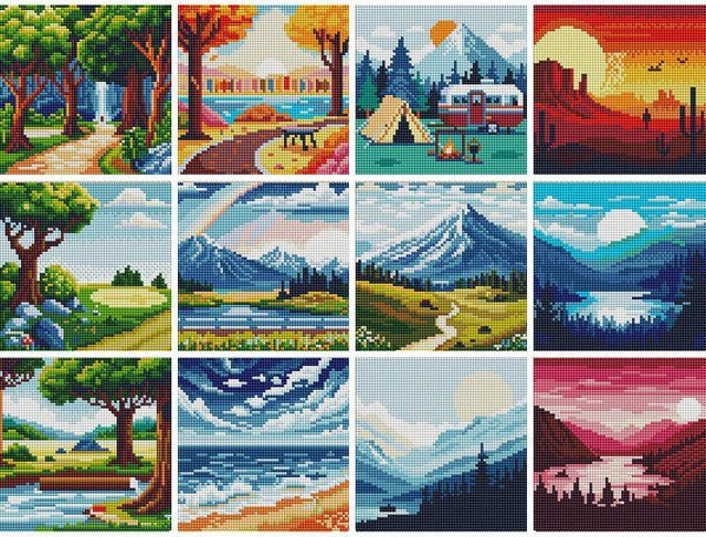Huacan 12er Set Landschaft Mini Diamantmalerei mit 5D runden Mosaiksteinen im Sonnenuntergang und Meer Design in Multicolour - Bild 1