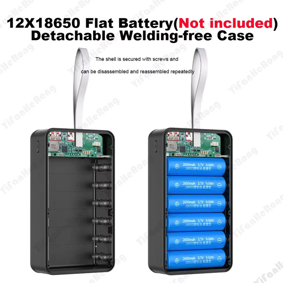YiFanHeRong DIY Power Bank Gehäuse für 12x 18650 Batterien mit Dual USB Typ-C, 22,5 W Schnellladung und 15 W kabellosem Laden, Schwarz - Bild 2