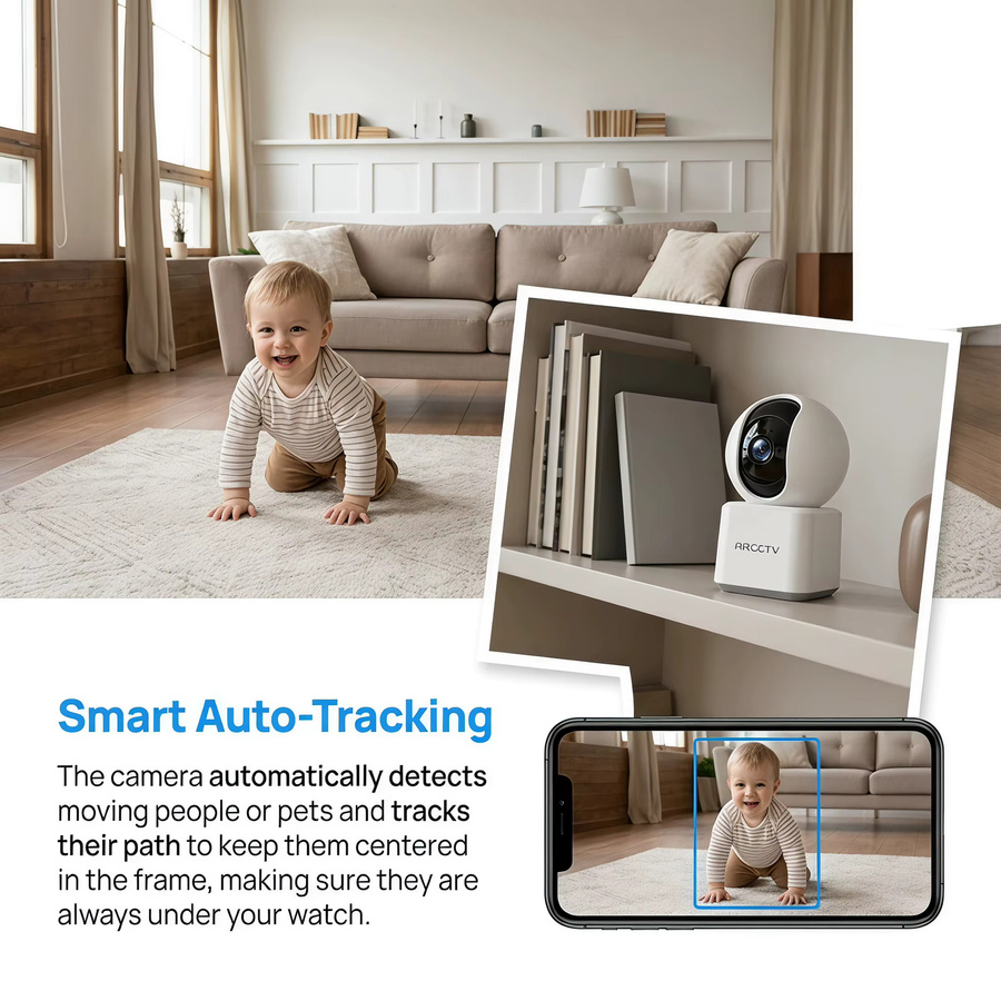 ARCCTV 2K Babyphone-Kamera mit WLAN, HD-Auflösung, Zwei-Wege-Kommunikation, IR-Nachtsicht und 360° PTZ-Funktion mit automatischer Verfolgung in Weiß - Bild 3