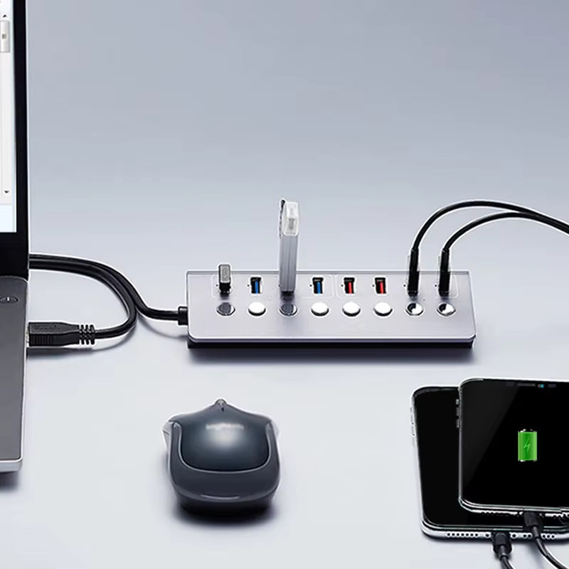 MOSHOU 7in1 USB-Hub 3.0 mit LED-Anzeige und individuellen Schaltern, USB-Adapter in Silber - Bild 3