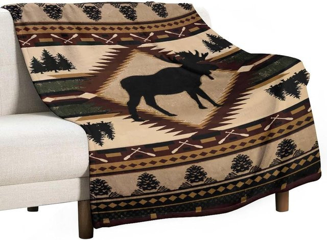 JMG Household Supplies Retro Elch Bettwäsche und Fleece Überwurfdecke in Beige, Vintage Landhausstil, B/B: 183 x 254 cm - Bild 1