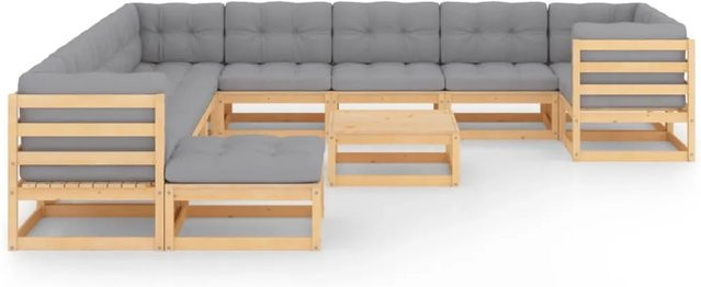 vidaXL 12-tlg Garten-Lounge-Set Modell 9 aus massivem Kiefernholz in U-Form mit grauen Kissen aus UV-beständigem Polyester - Bild 1