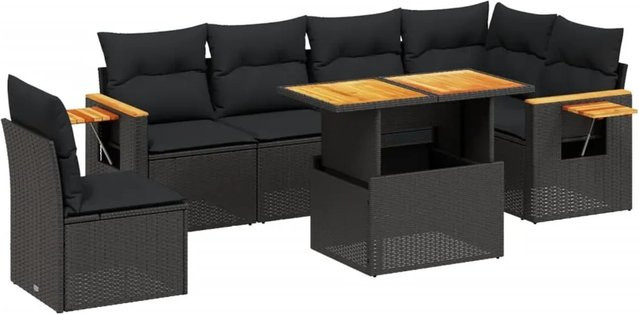 vidaXL 7-teilige Garten-Sofagarnitur aus Poly-Rattan und Akazienholz in Schwarz mit UV-beständigen Kissen - Bild 1