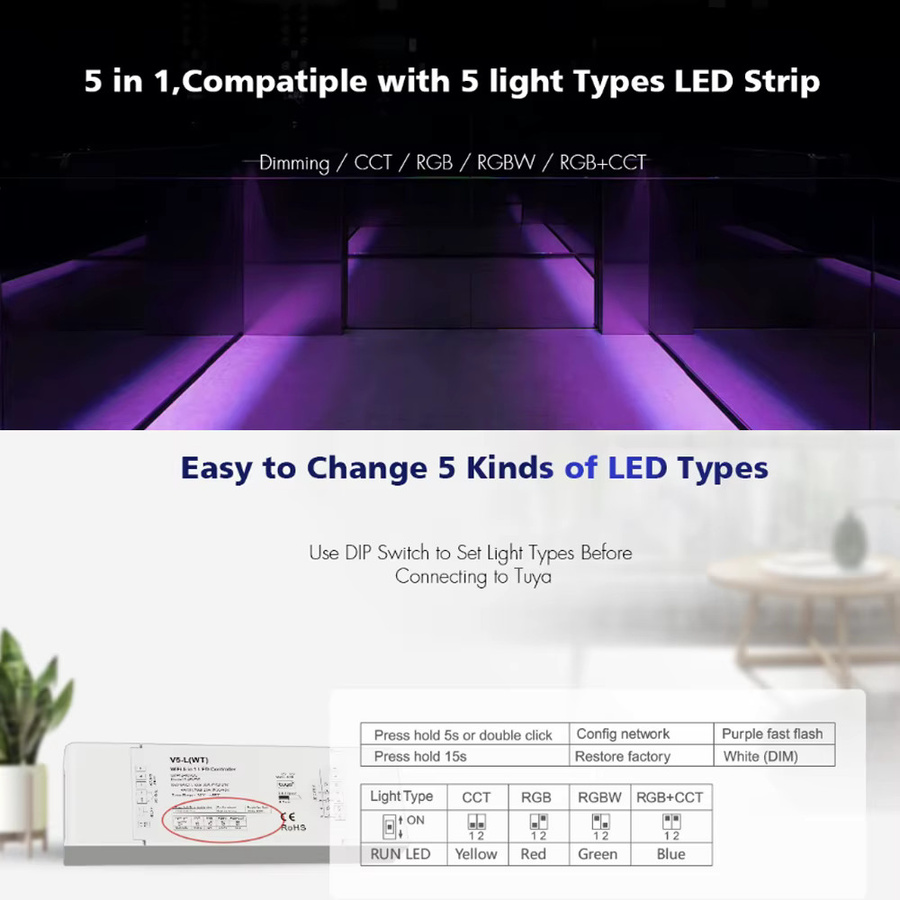 CENFAYA 5in1 WiFi LED Controller mit Tuya App Sprachsteuerung und Musikmodus, DC 12V 24V 36V 48V 30A Dimmer mit AC Druckschalter, Farbe Weiß - Bild 5