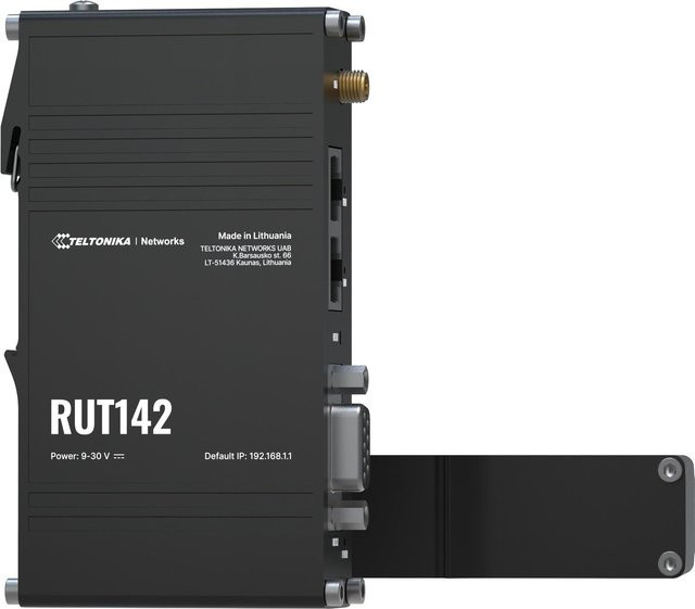 Teltonika RUT142 Wireless Router mit RS-232, 2,4 GHz Single-Band Wi-Fi und Ethernet/LAN, Schwarz, DIN-Schiene montierbar - Bild 1