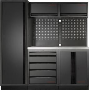 Kraftwerk 3-Element-Schrankwand mit Vierkantlochwand, Inox-Arbeitsplatte, Schwarz, Freistehend - Bild 1