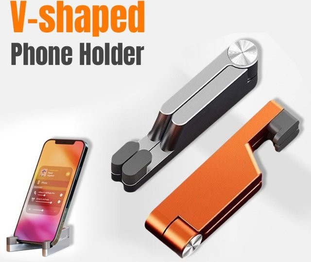 VIKEFON V-förmiger Metall Handy Ständer und Tablet Halterung für Desktop und Schreibtisch, kompatibel mit iPhone und Samsung sowie Xiaomi Smartphones - Bild 1