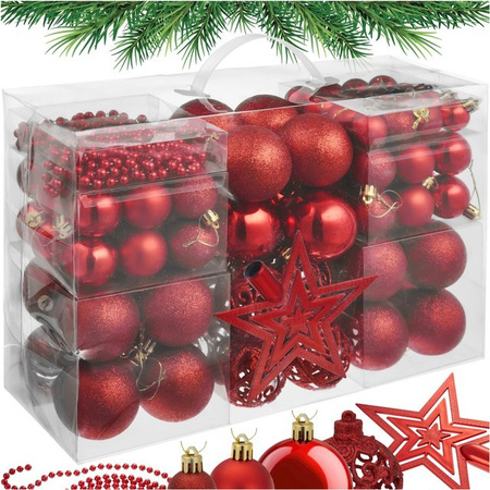 tectake Weihnachtskugeln Set in Rot mit Perlenkette und Stern aus bruchsicherem Kunststoff, 86er Set