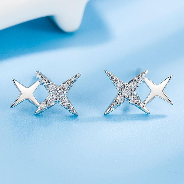 Lucky Star Jewelry Ohrringe, Doppelstern, Kupfer, Silber, Zirkonia, Damen - Bild 1