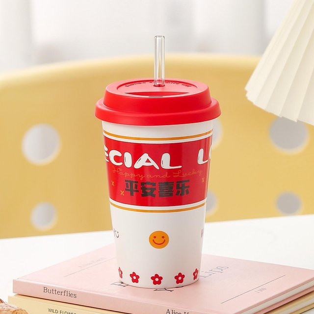 Yiran Furniture Keramiktasse im chinesischen Stil mit Deckel und Strohhalm, Weiß, 450,5 ml - Bild 1
