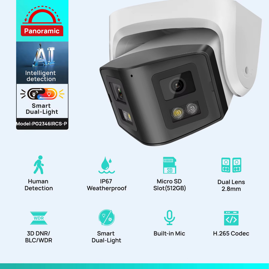 Vikylin UP66 4MP Panorama Smart Dual Light IP-Kamera mit Zwei-Wege-Audio, PoE und Onvif Videoüberwachung in Weiß - Bild 2