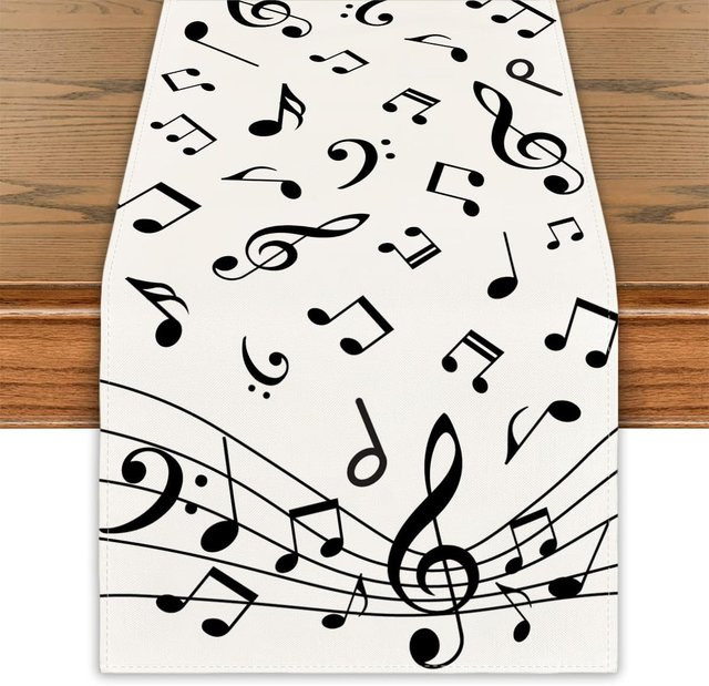 Waschbarer Leinen Tischläufer von JMG Household Supplies mit musikalischen Noten und geometrischen Symbolen in Schwarz-Weiß, B/T: 150 x 33 cm - Bild 1