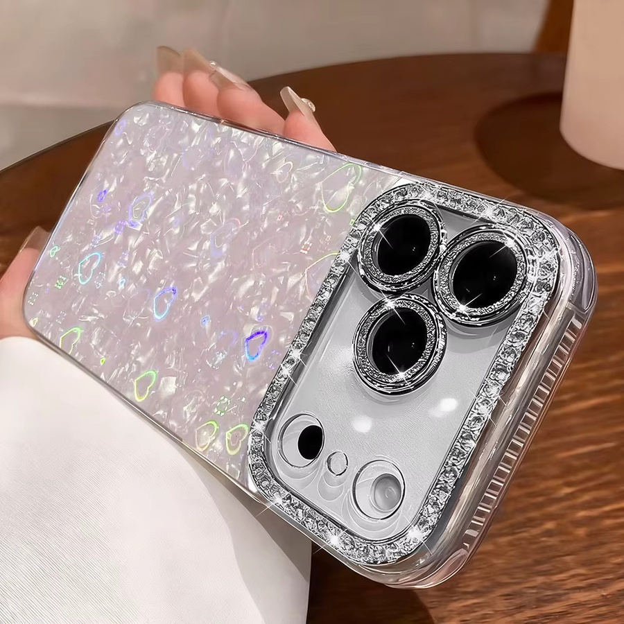 Glitzer Handyhülle mit Muschelmuster und Herzdesign für Apple iPhone 11 bis 17 Pro Max Plus Air in Weiß - Bild 3