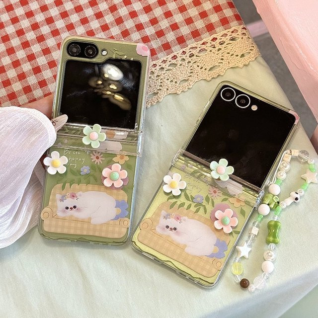 Samsung Galaxy Z Flip Handyhülle mit 3D-Blume, süßer Katze und Sternen, Scharnierschutz und Handschlaufe, Multicolor - Bild 1