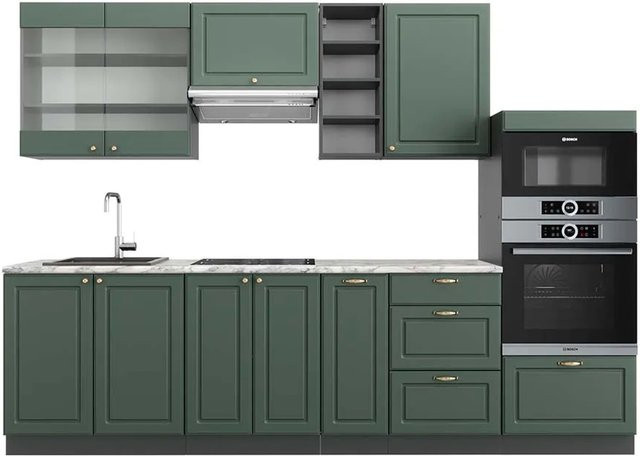Vicco Fame-Line Küchenzeile Landhausstil in Grün, Gold und Anthrazit mit Marmor-Optik, Breite: 280 cm - Bild 1