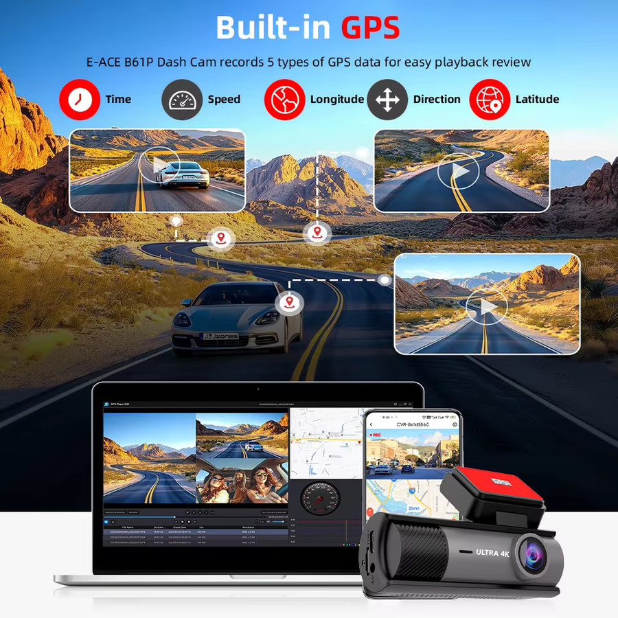 ACCEO 4K Dashcam mit integriertem GPS und WLAN, inklusive 1080P Rückfahrkamera, 24H Parkmodus und Nachtsicht, Farbe: Schwarz - Bild 5