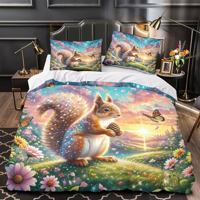 Bettwäsche-Set mit Eichhörnchen-Motiv aus Mikrofaser, 2-teilig mit Deckenbezug und Kissenbezug, Mehrfarbig, B/H: 135 x 100 cm, Kissenbezug: 70 x 50 cm - Bild 1