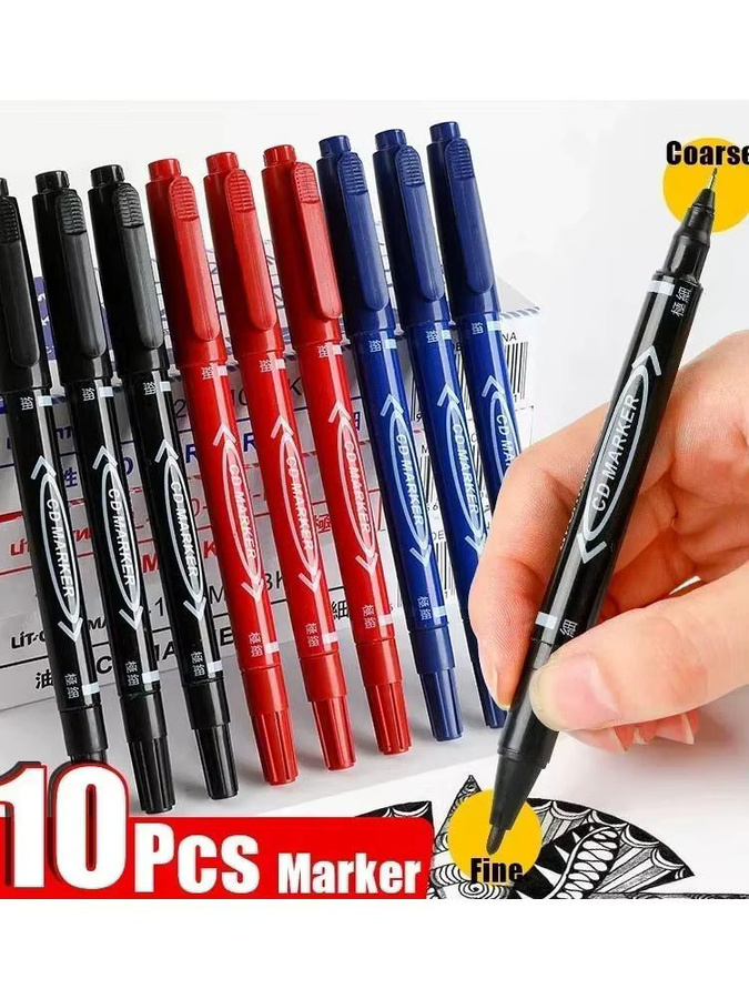 10er Set Twin Tip Permanent Marker mit feiner Spitze und wasserfester Tinte in Schwarz, Blau und Rot, Strichstärke 0,5-1 mm - Bild 6