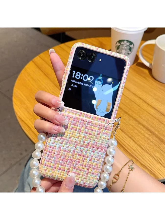 Geflochtene Handyhülle mit Scharnier und Perlen-Armband für Samsung Galaxy Z Flip 7, 6, 5, 4 in Grau und Mehrfarbig - Bild 3
