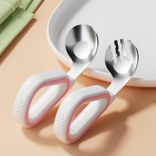 Baby Löffel und Gabel Set von My Peers in Rosa mit ergonomischem Silikongriff aus Edelstahl und Silikon zum Selbstfüttern für Kleinkinder - Bild 1