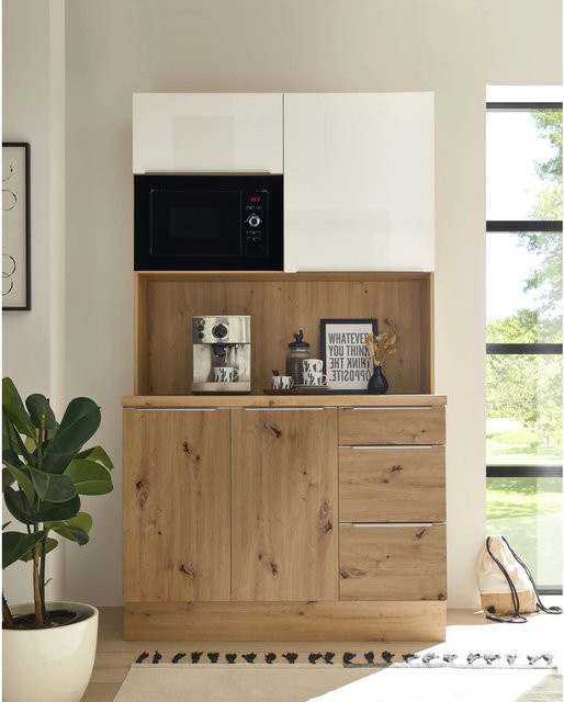 Respekta Küchenbuffet Marleen modern in Weiß Hochglanz mit Eiche-Elementen B/H/T: 120 x 211 x 60 cm - Bild 1